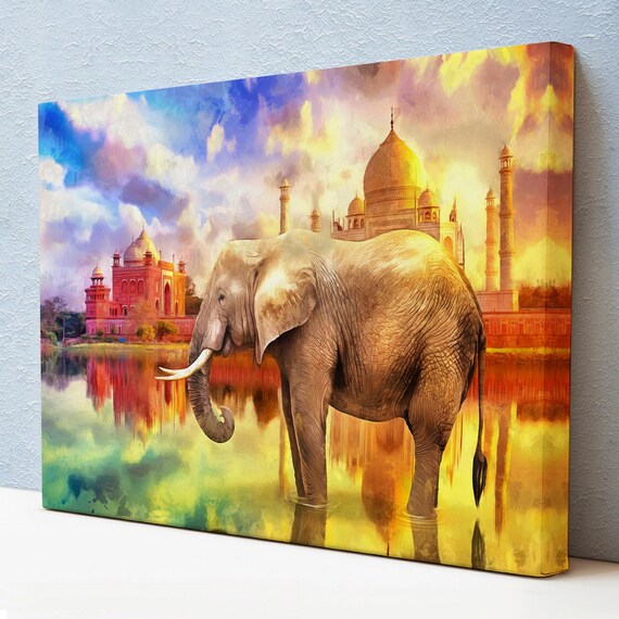 Elephant Before Taj Mahal Sunrise India Landmark Wildlife Art Poster