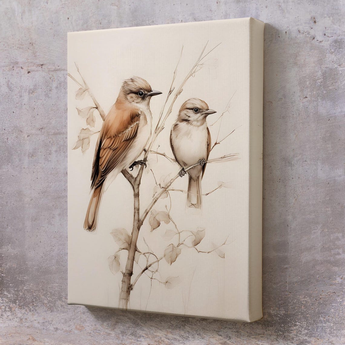 Two Small Birds On A Branch Delicate Sepia Sketch Nature Art Poster
