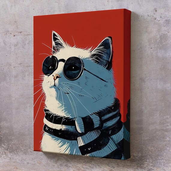 Cool Cat Wearing Sunglasses And Striped Scarf On Bold Red Canvas Poster