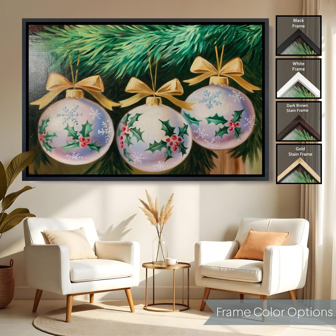 White Christmas Ornaments Gold Bows Holly Berries Pine Holiday Poster - Image 2
