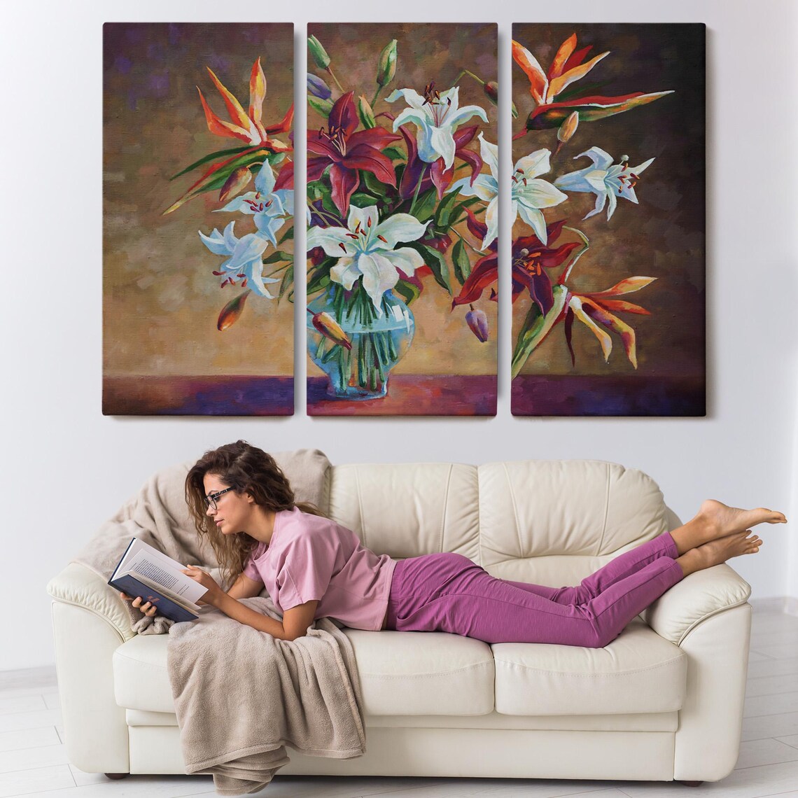 White and Red Lilies Bouquet Glass Vase Still Life Flower Art Poster - Image 3