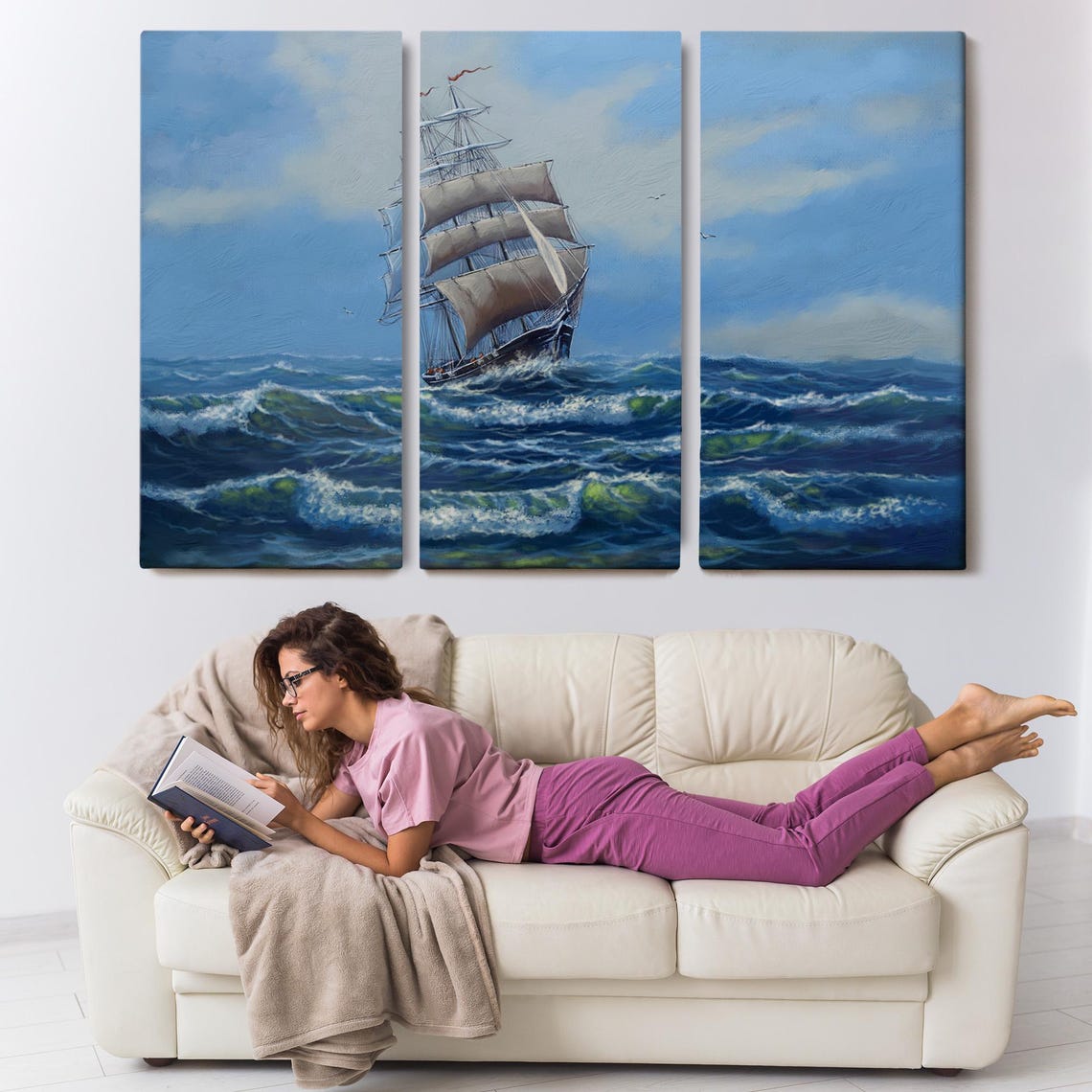 Tall Sailing Ship Full White Sails Blue Ocean Waves Art Print - Image 3