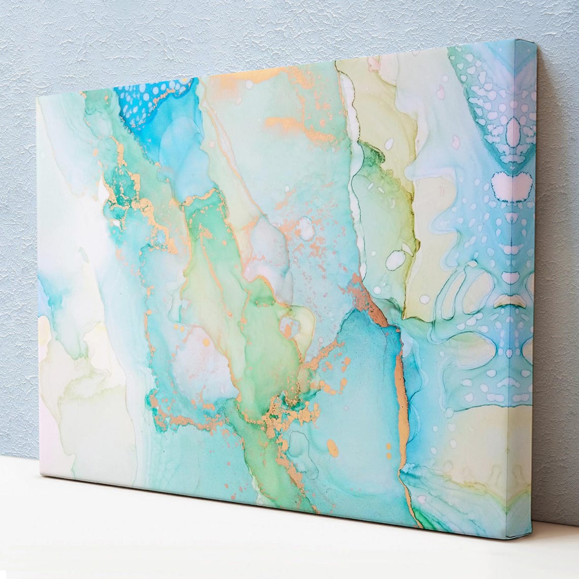 Turquoise Gold Vein Alcohol Ink Marble Abstract Fluid Wall Art