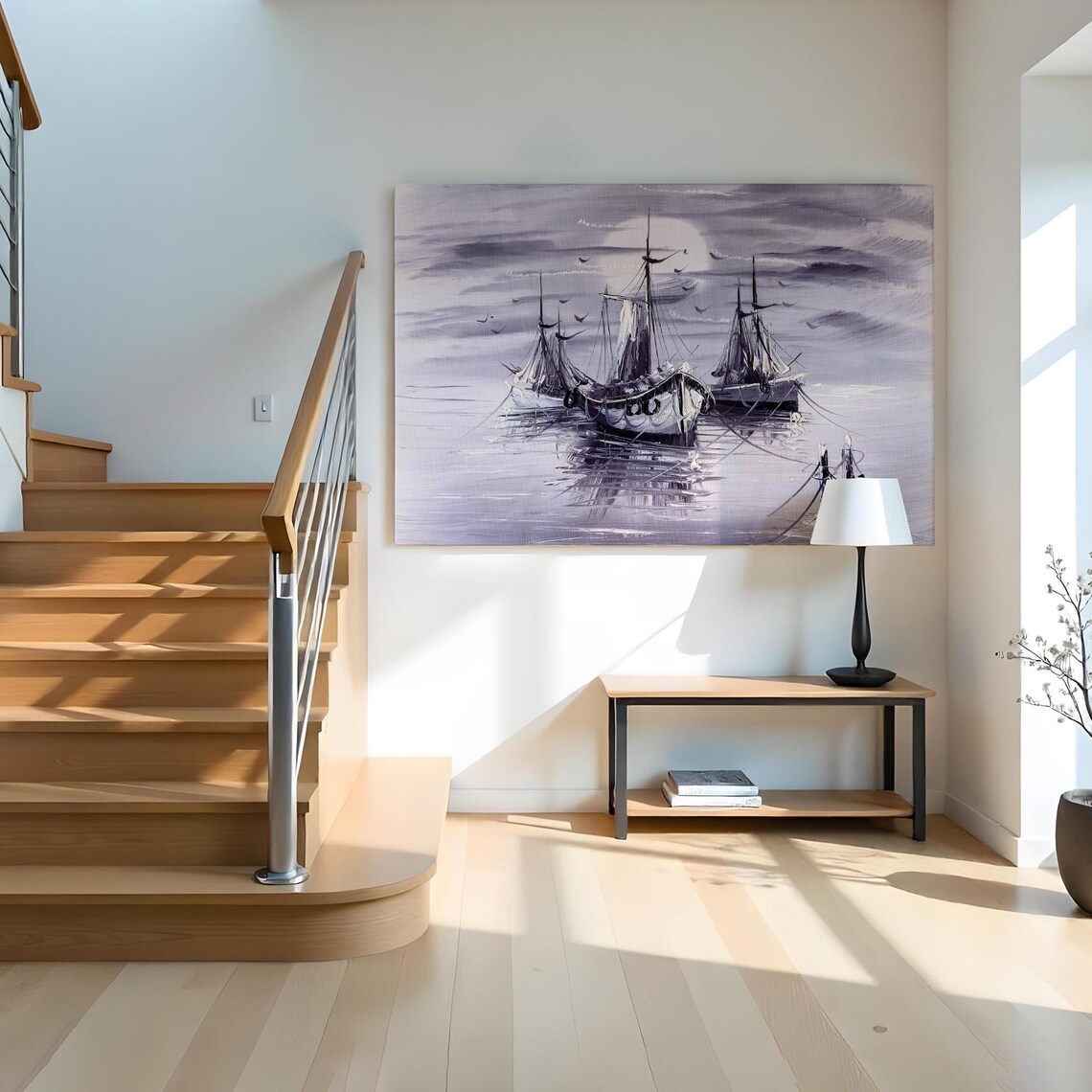 Moonlit Sailing Ships Calm Harbor Birds Monochrome Painting Poster - Image 2