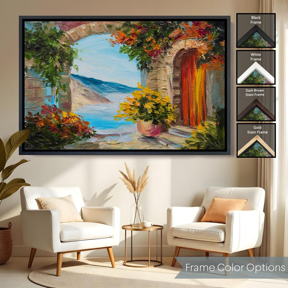 Mediterranean Stone Arch Terrace Red Door Sea View Flower Poster - Image 2
