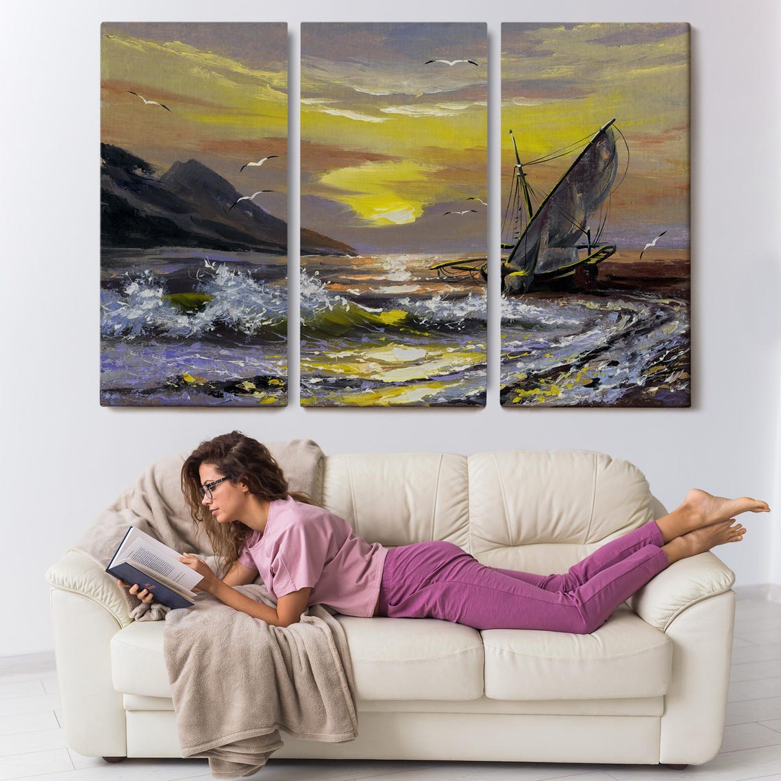 Sailboat Rolling Waves Beach Sunset Golden Sky Seagulls Seascape Art - Image 3