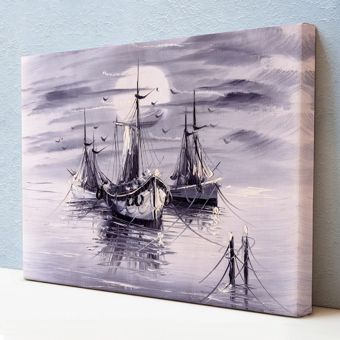Moonlit Sailing Ships Calm Harbor Birds Monochrome Painting Poster