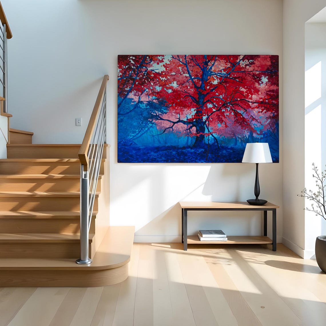 Fiery Red Autumn Tree Deep Blue Forest Oil Painting Art Poster - Image 2
