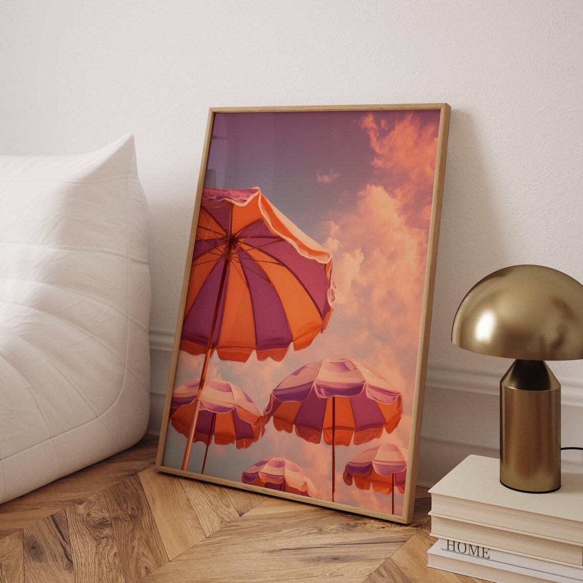 Orange Pink Beach Umbrellas Sunset Sky Retro Coastal Wall Art