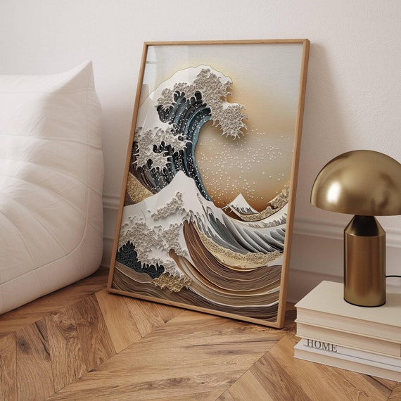 Japanese Wave Wall Art Hokusai Great Inspired Papercut Print Japandi Minimalist Ocean Decor For Modern Home