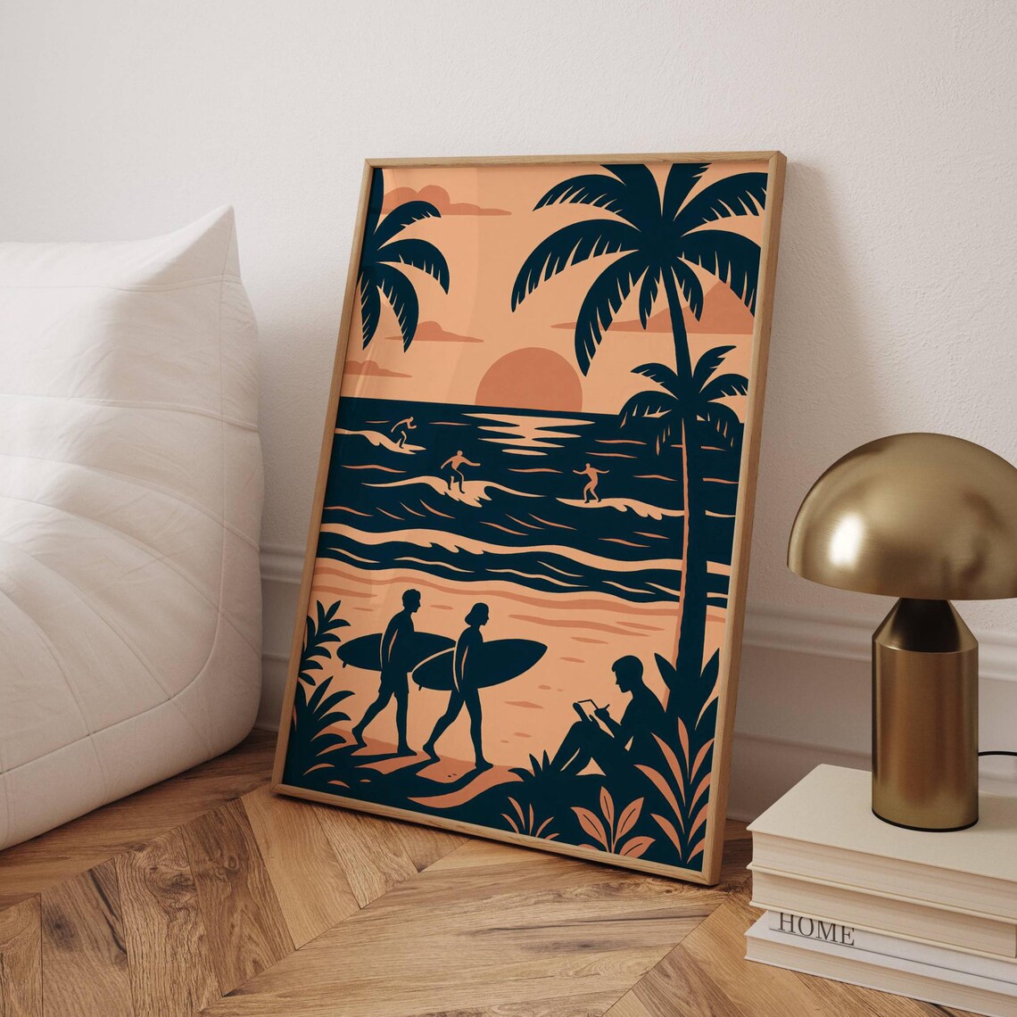 Retro Surfing Print, Vintage Coastal Beach Sunset