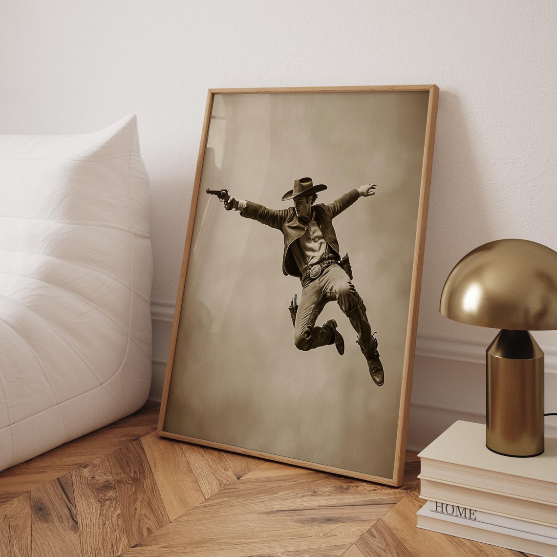 Vintage Sepia Cowboy Leaping With Revolver Wild West Art Poster