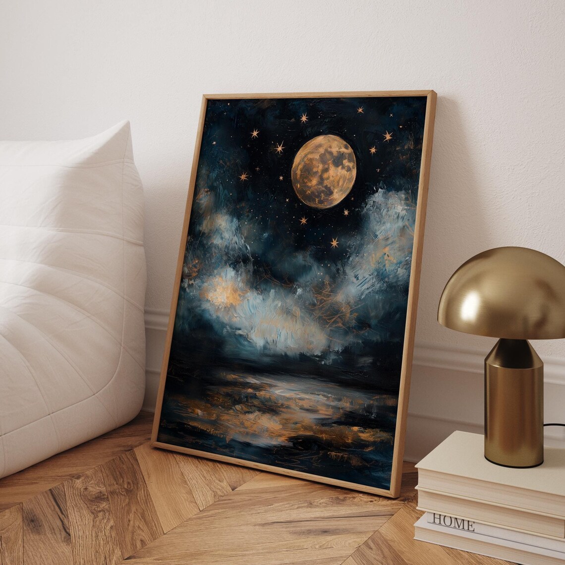 Golden Full Moon Over Dark Sea Clouds Night Sky Painting Poster
