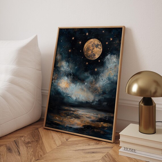 Golden Full Moon Over Dark Sea Clouds Night Sky Painting Poster