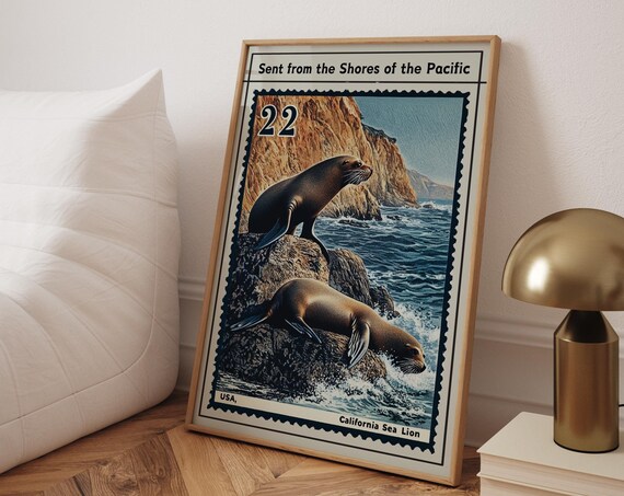 California Sea Lion Pacific Shore Vintage Postage Stamp Poster
