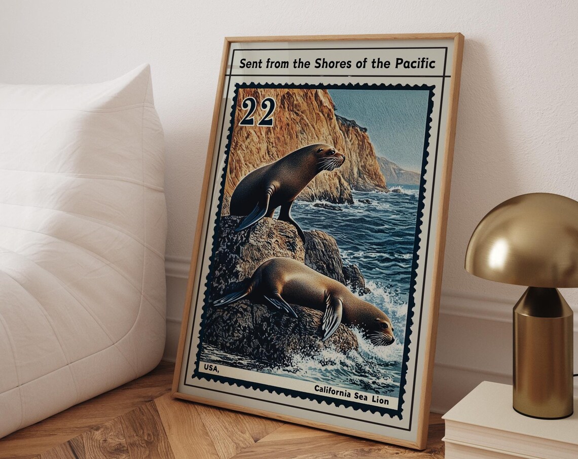 California Sea Lion Pacific Shore Vintage Postage Stamp Poster