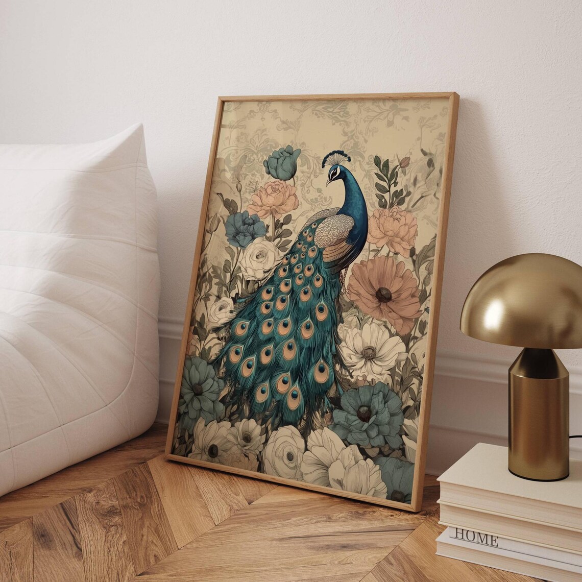 Vintage Peacock Art Print, Boho Floral Illustration