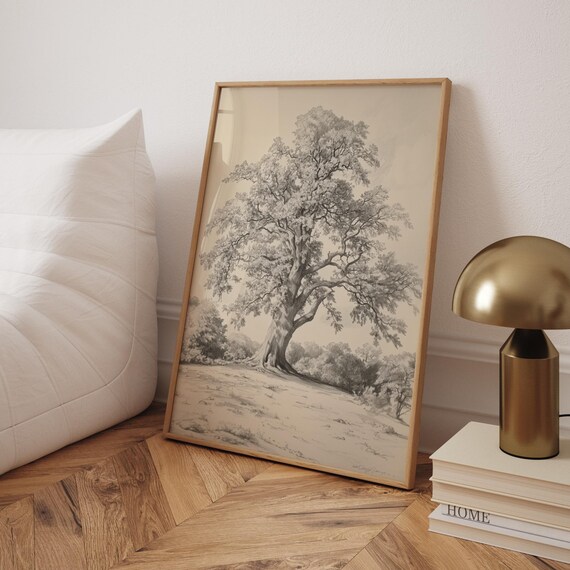 Oak Tree Sketch Print, Neutral Vintage Farmhouse Art