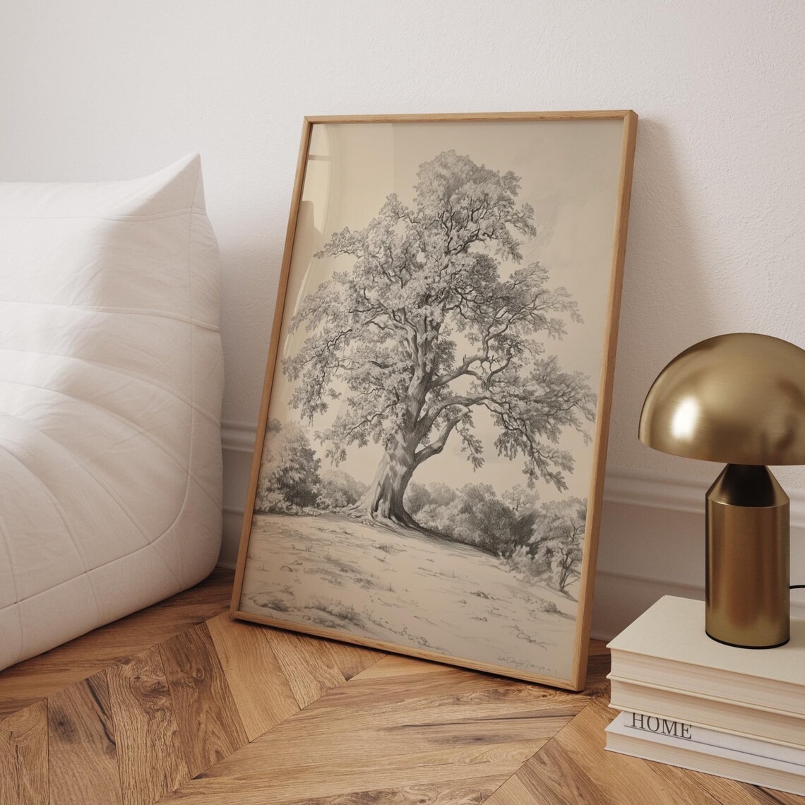 Oak Tree Sketch Print, Neutral Vintage Farmhouse Art