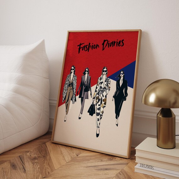 Fashion Diaries Bold Red Blue Runway Women Colorful Fashion Poster