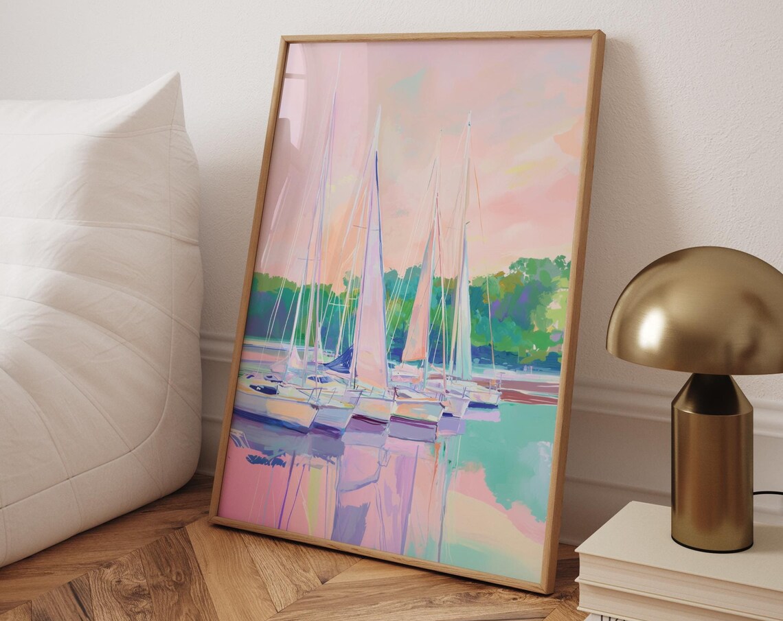 Sailboats at Sunset Pastel Marina Watercolor Romantic Wall Art