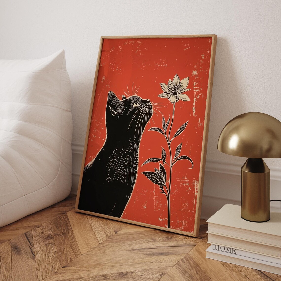 Black Cat And Flower Minimalist Art Print