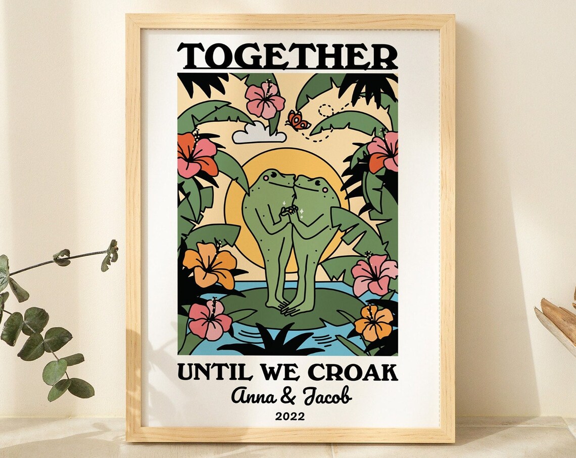 Personalized Couple Frog Illustration, Retro Wall Art Print