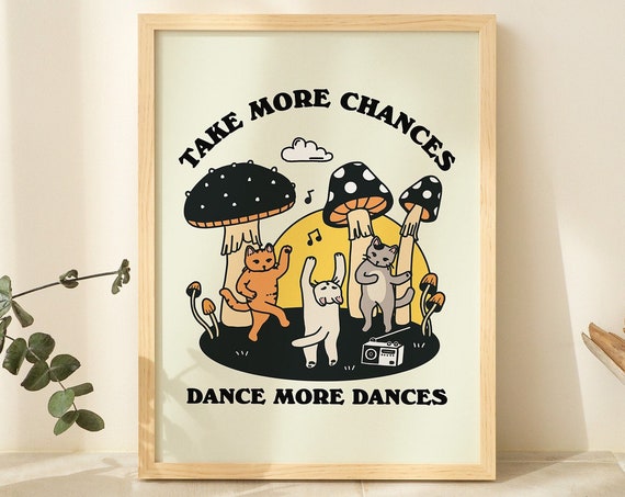 Dancing Cats Selfcare Quote, Vintage Mushroom Illustration