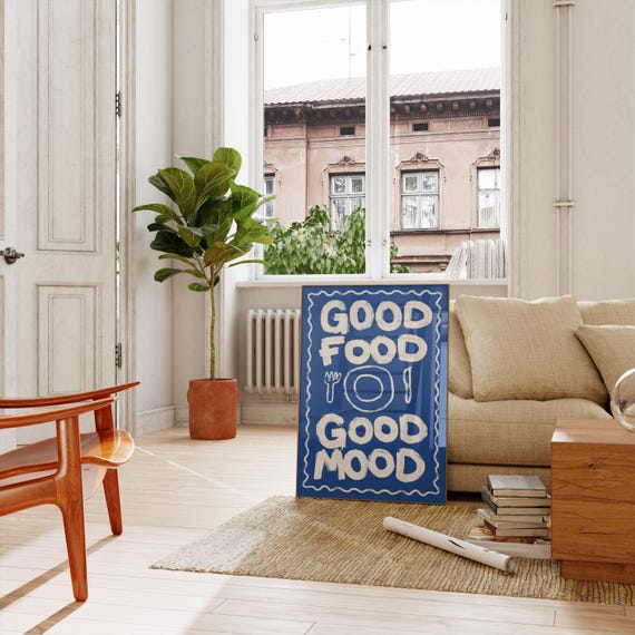 Good Food Mood Playful Kitchen Wall Art Print Blue Dining Room Poster Funny Handdrawn 2x3 3x4