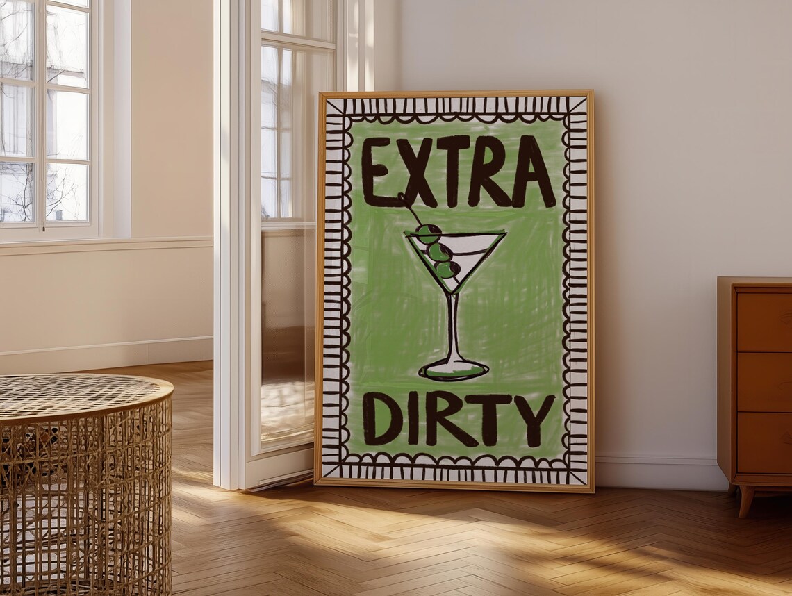Extra Dirty Print, Handdrawn Retro Bar Cart Decor
