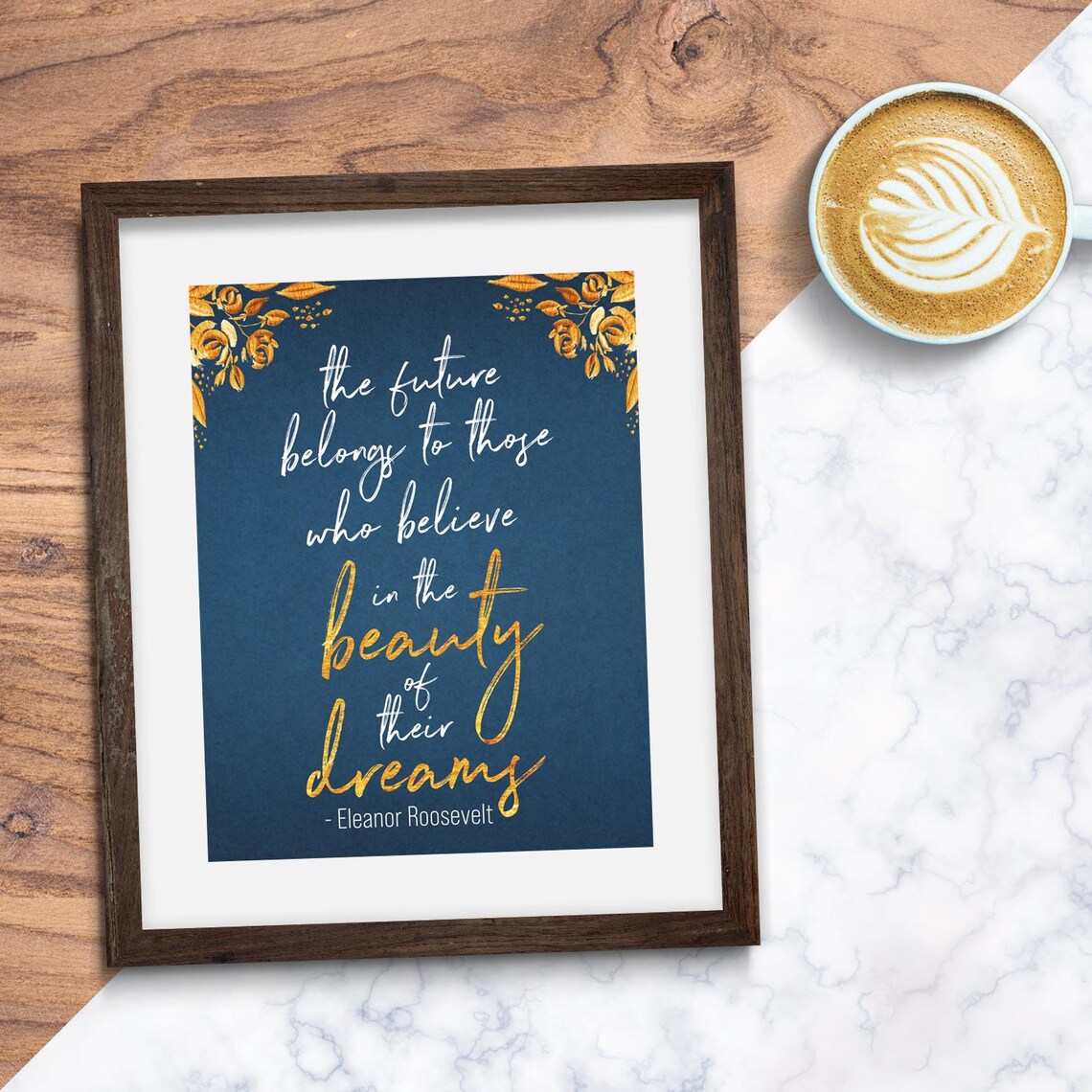 Eleanor Roosevelt Future Belongs To Dreamers Navy Gold Quote Wall Art - Image 3