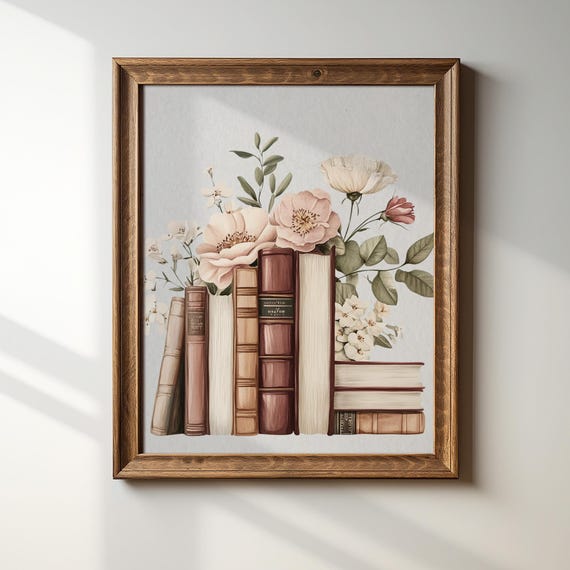 Calming Colors Stack Of Books Botanical Art Print