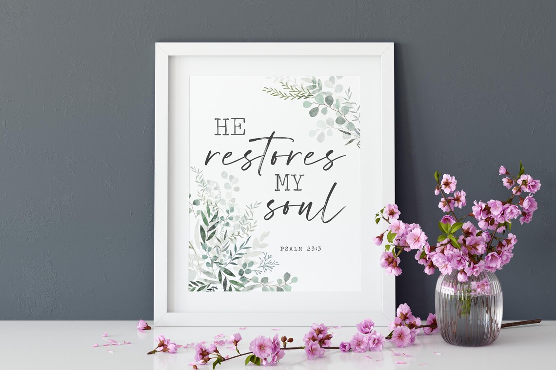 He Restores My Soul Psalm 23 Bible Verse Green Botanical Wall Art - Image 2