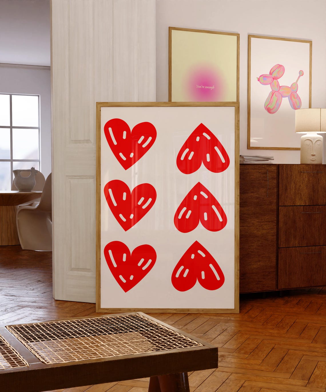 Red Hearts Minimalist Poster Playful Heart Pattern Wall Decor Art - Image 2