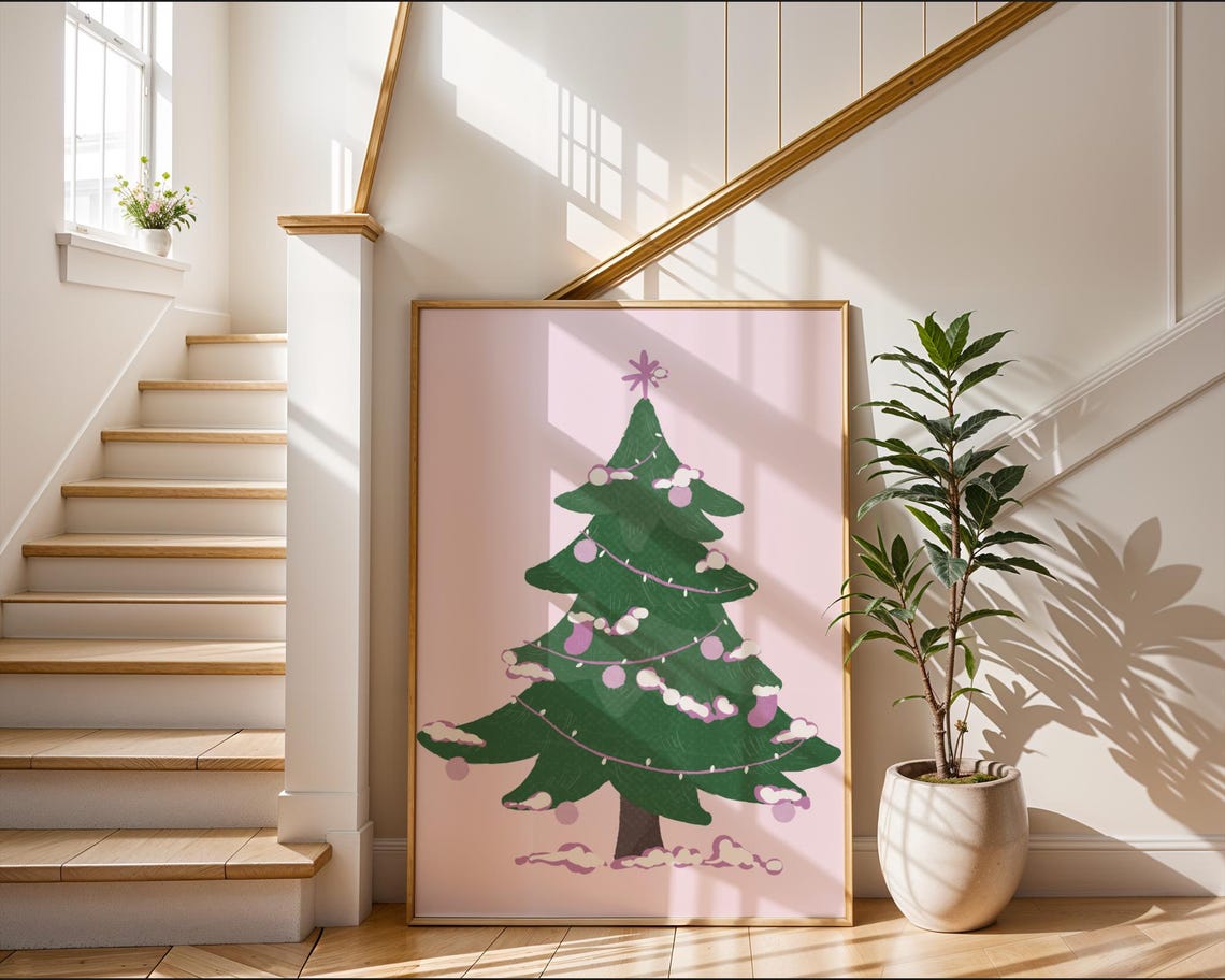 Pink Christmas Tree Illustration Poster Whimsical Holiday Decor - Image 2