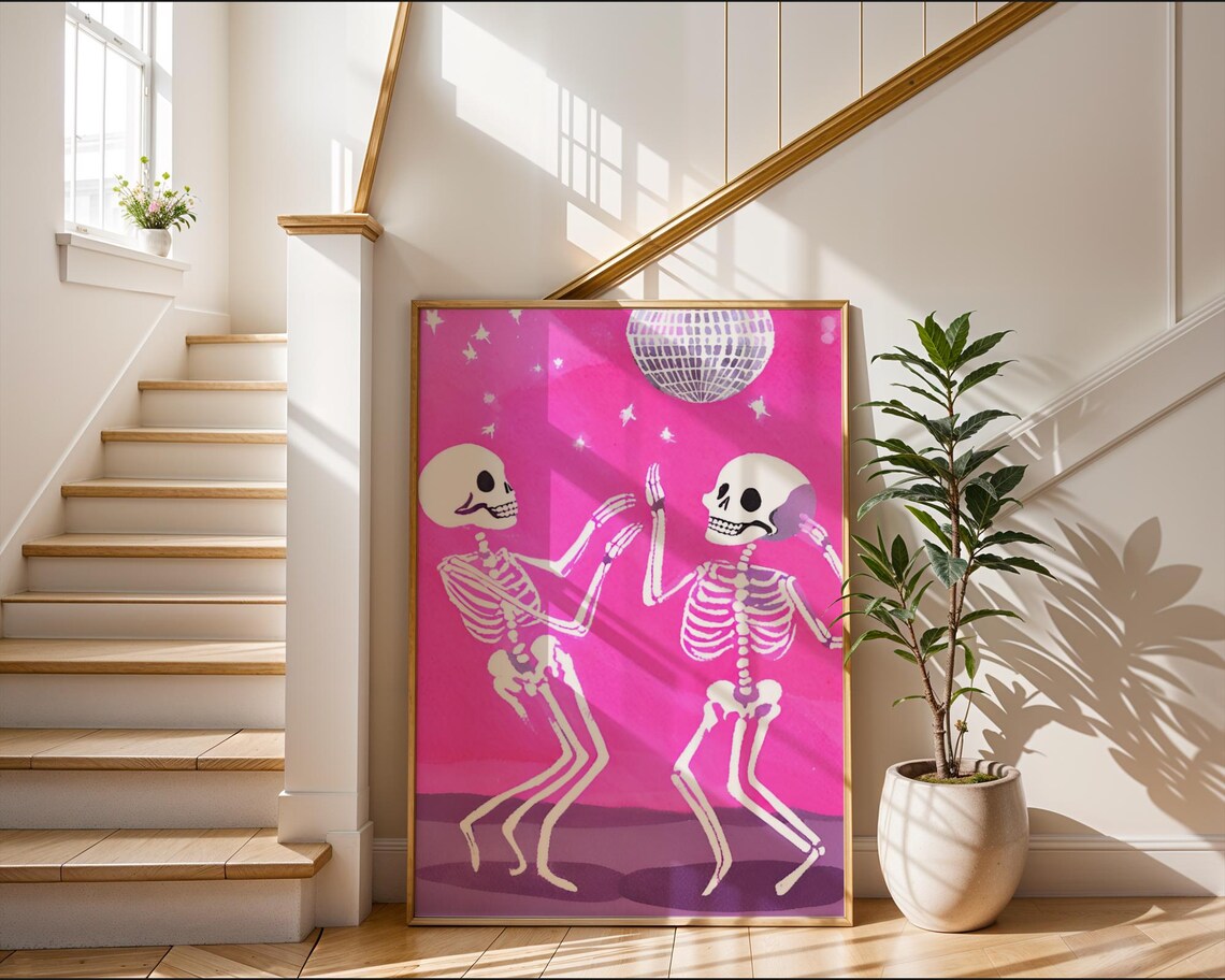 Dancing Skeletons Disco Ball Hot Pink Halloween Party Poster - Image 2