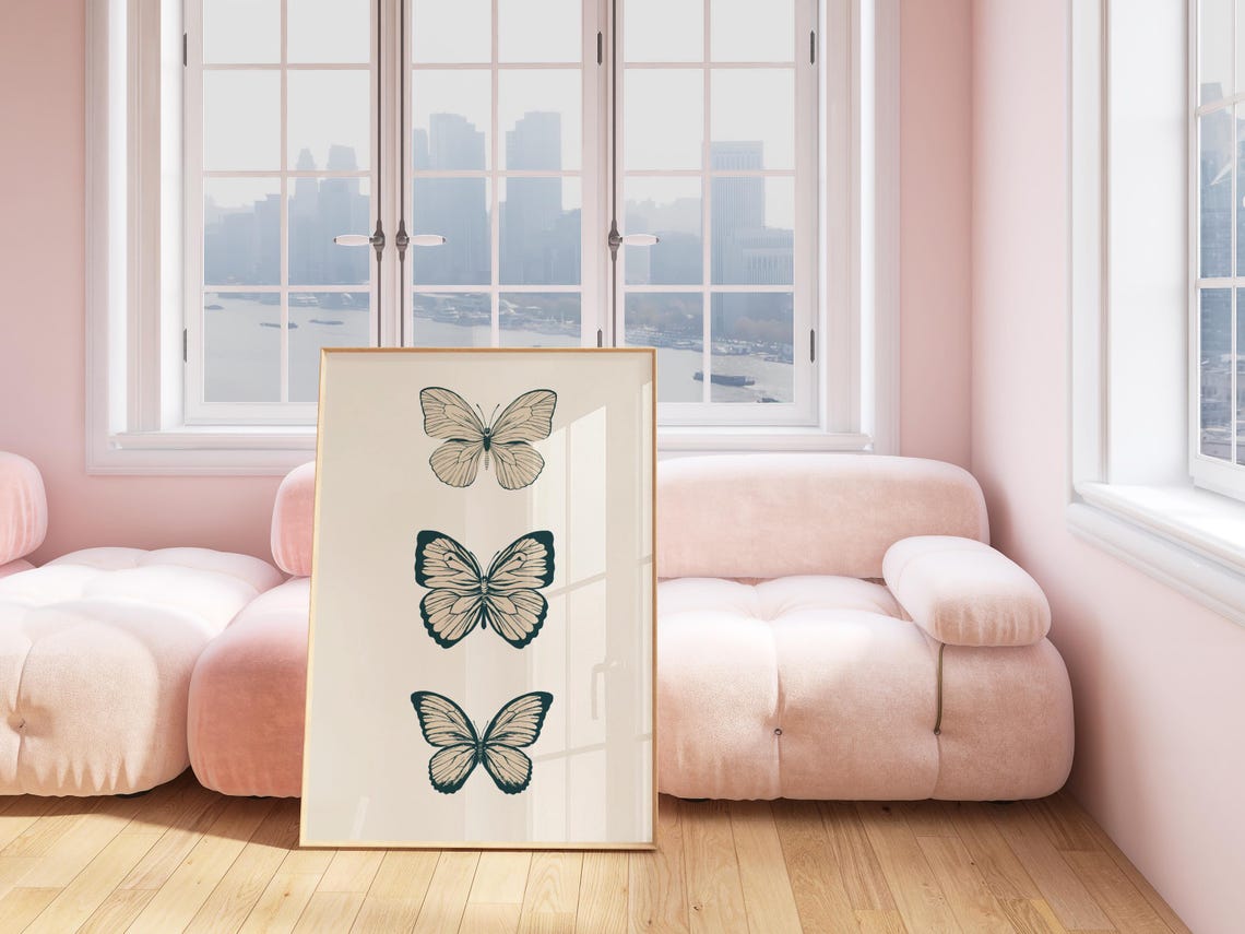 Green Butterfly Trio Poster Minimalist Botanical Wall Decor Cream