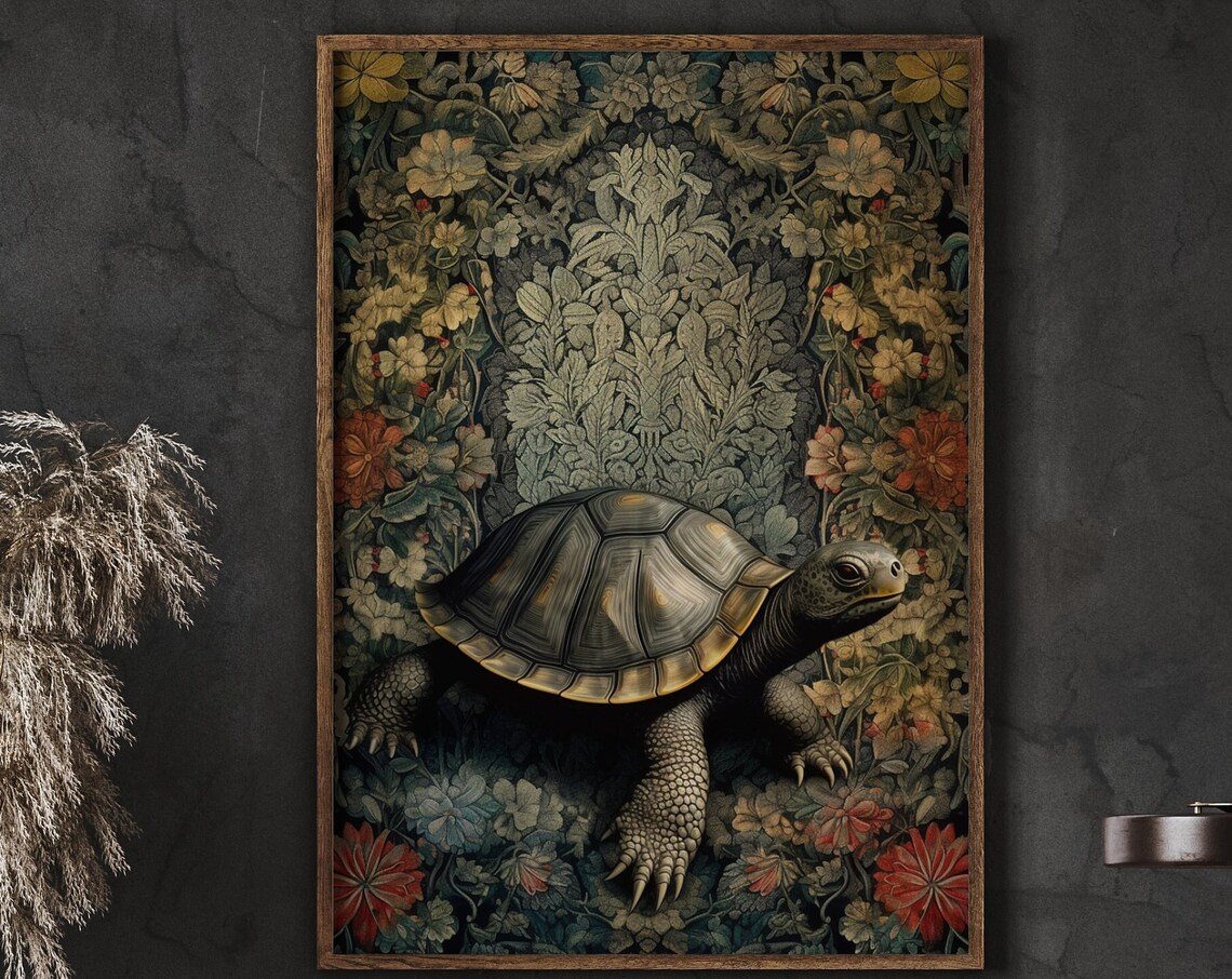 Vintage Tortoise In Dark William Morris Style Floral Garden Poster - Image 5