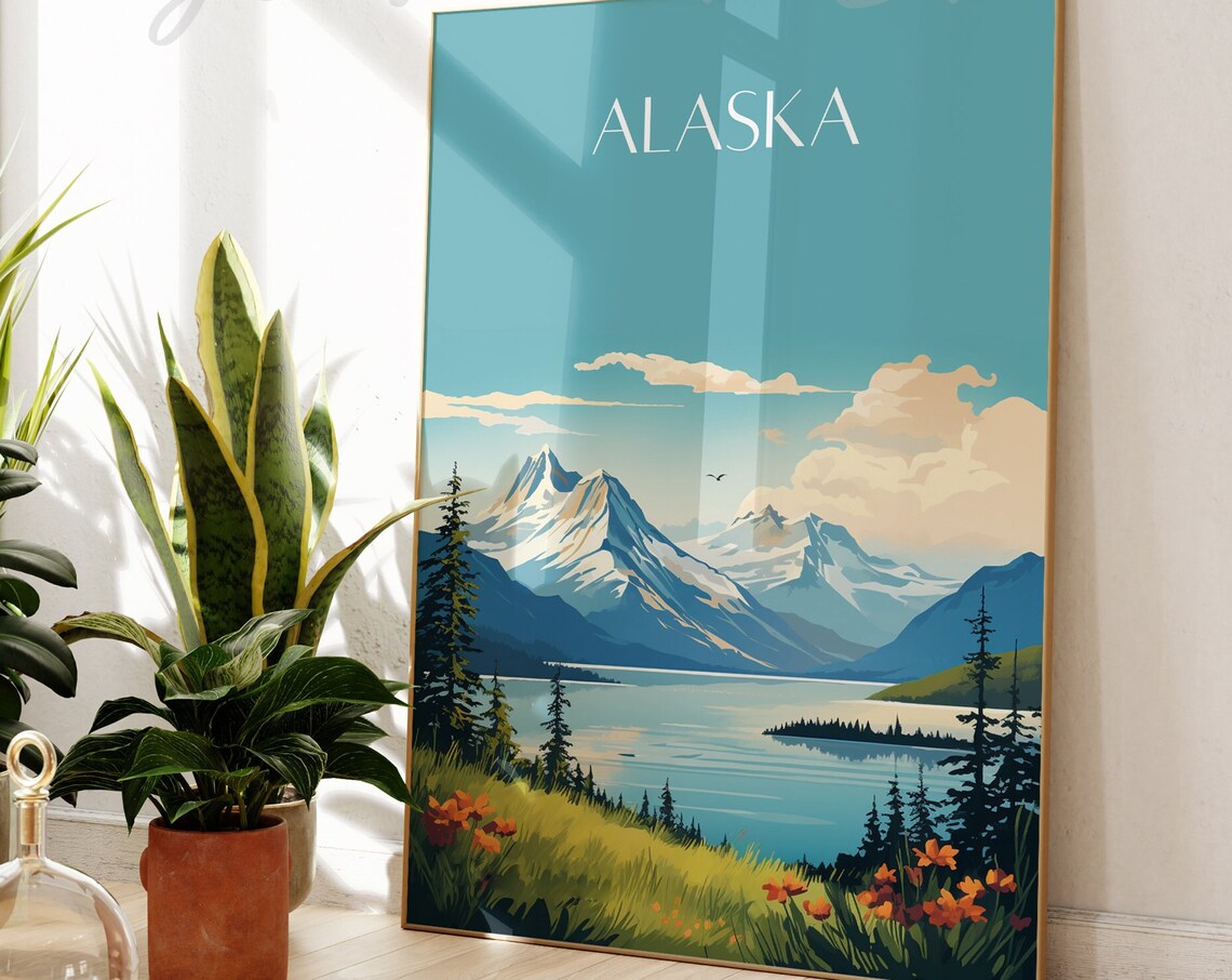 Alaska Mountain Lake Pine Forest Wildflower Vintage Travel Poster