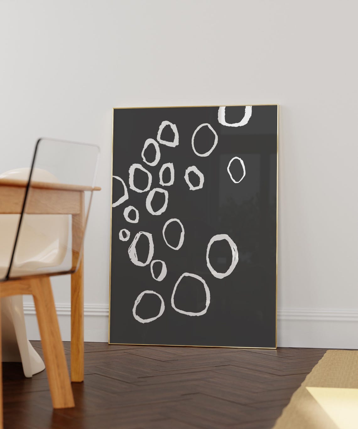 White Organic Circle Outlines on Black Minimalist Abstract Wall Art