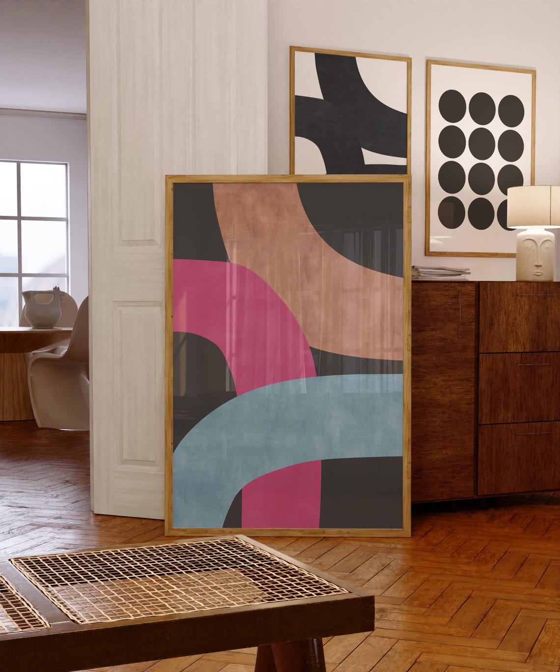 Bold Pink Blue Brown Organic Curves Mid Century Abstract Art Poster