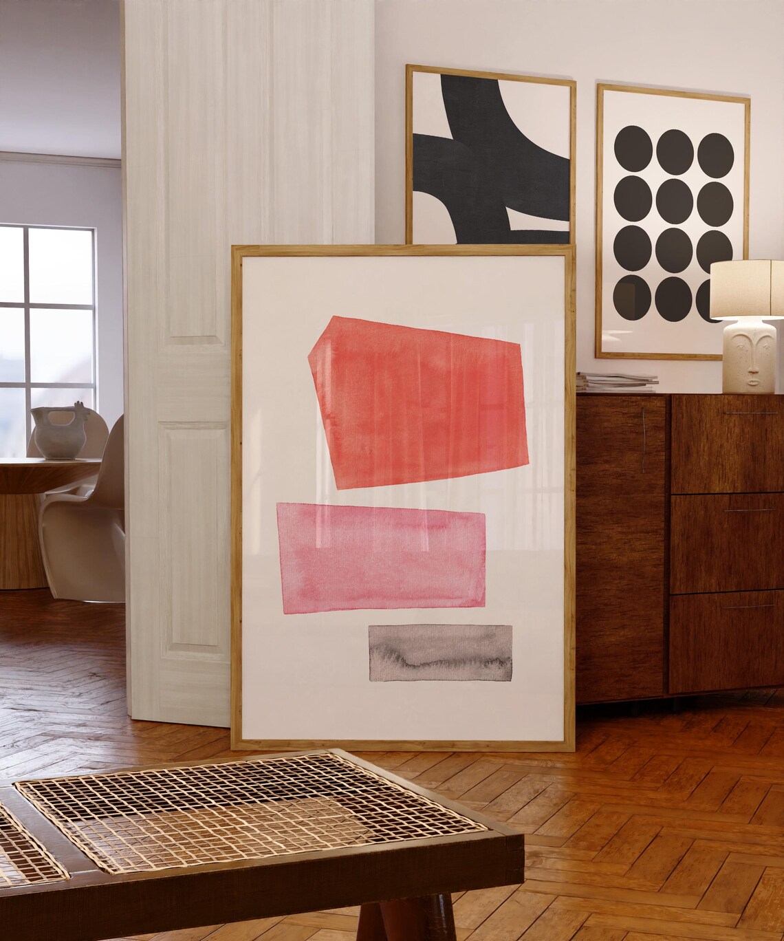 Red Pink Grey Watercolor Geometric Blocks Minimalist Art Poster - Image 2