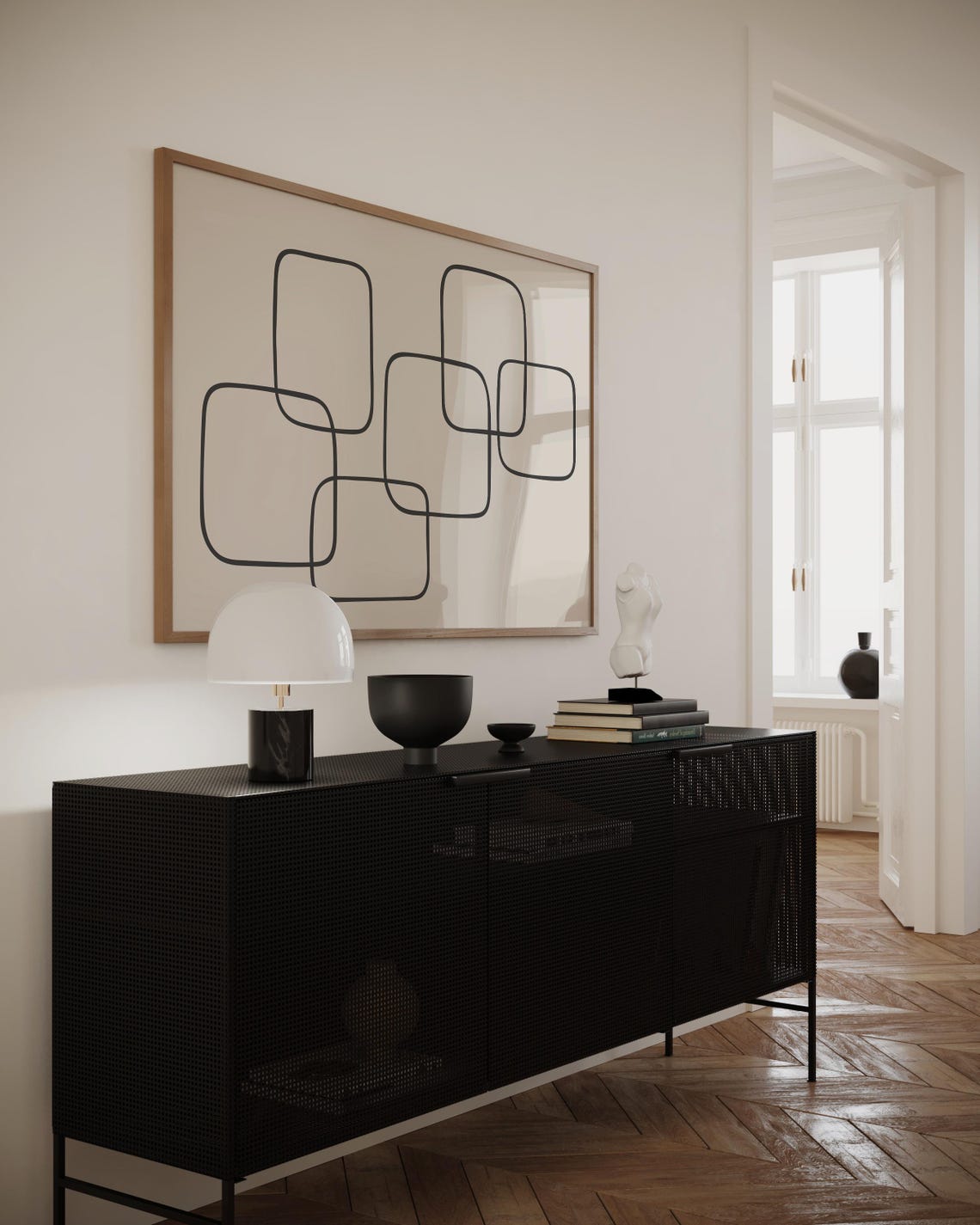 Beige Interlocking Rounded Squares Minimalist Line Art Poster - Image 3