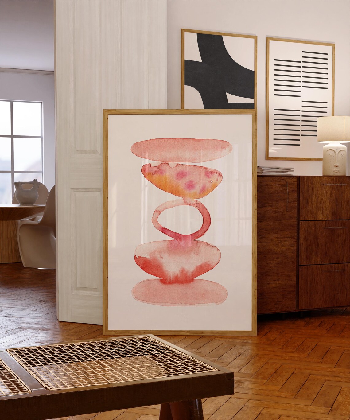 Coral Pink Watercolor Stacked Balanced Pebble Stones Zen Art Poster