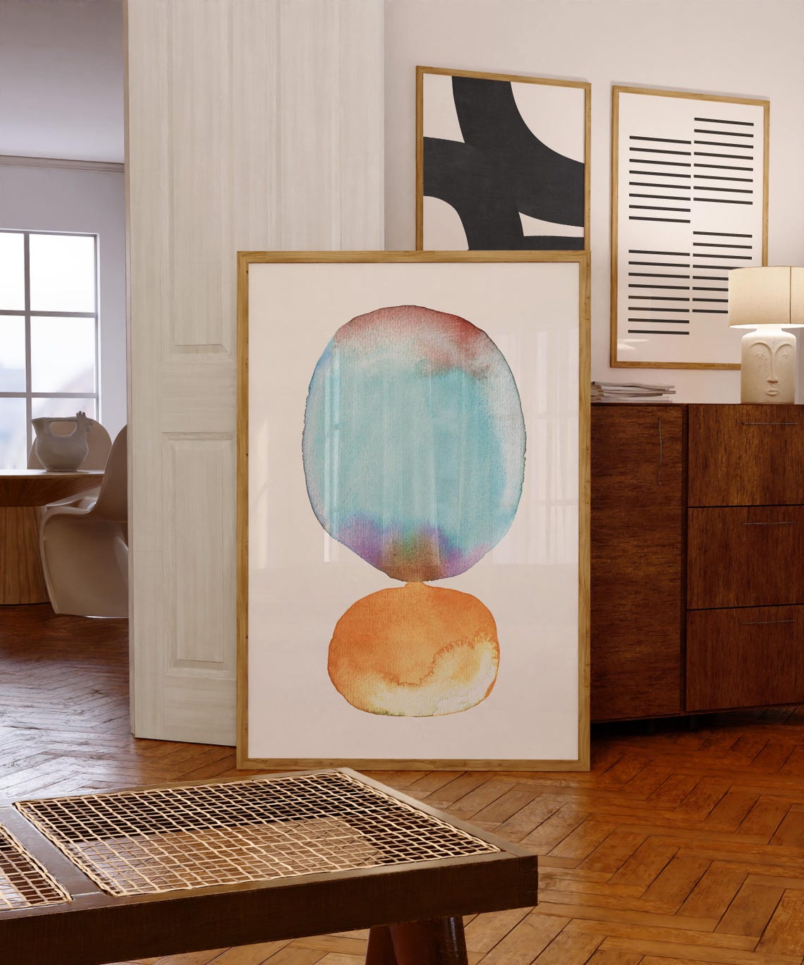 Watercolor Turquoise Oval Above Ochre Circle Minimalist Poster
