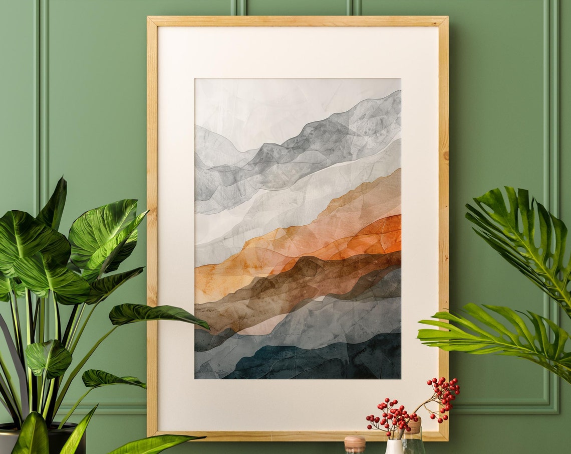 Abstract Mountain Layers Watercolor Gray Rust Sunset Art Poster - Image 4