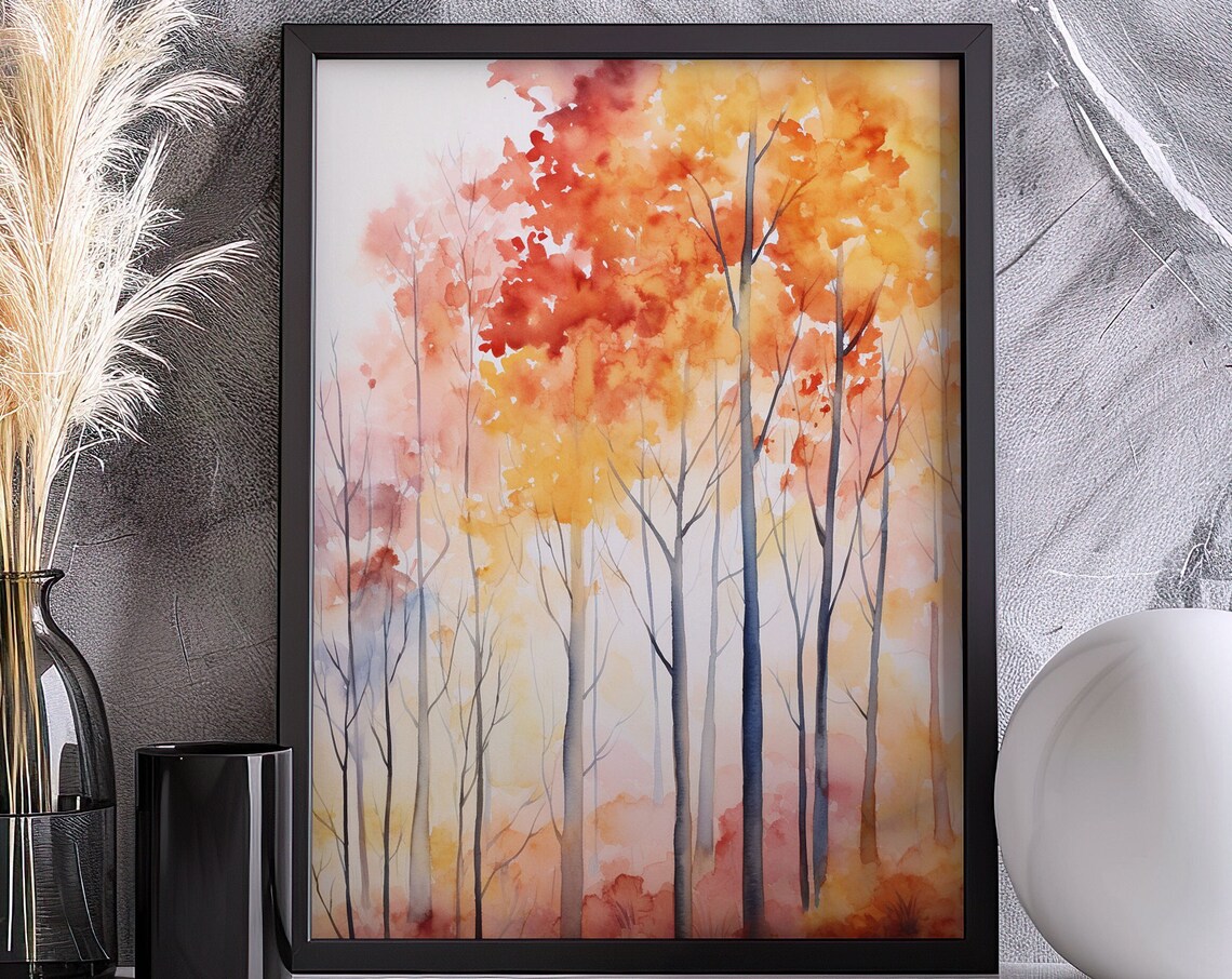 Tall Autumn Trees Red Yellow Foliage Misty Watercolor Poster - Image 4