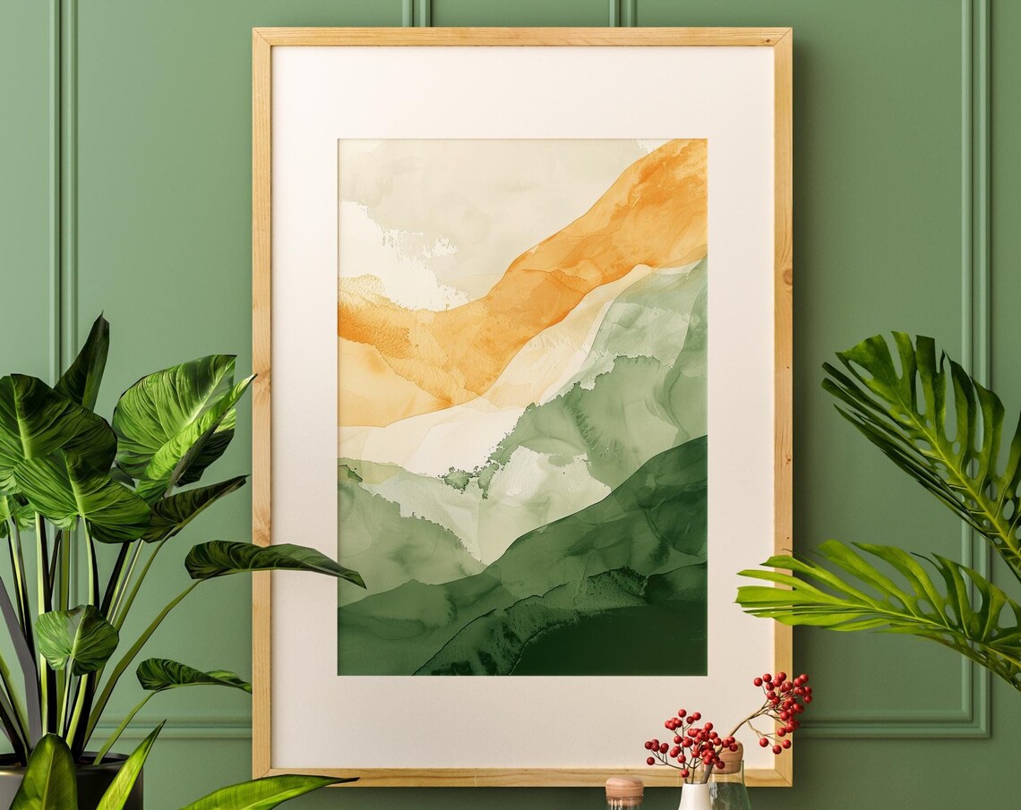 Amber Sky Green Hills Abstract Watercolor Modern Landscape Poster - Image 4