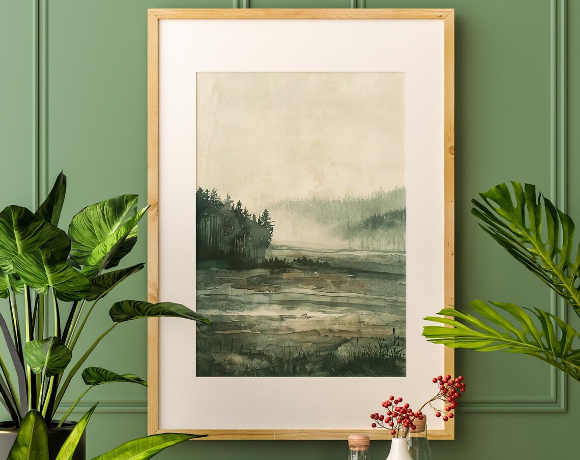Misty Forest Lake Watercolor Green Gray Calm Landscape Art Poster - Image 5