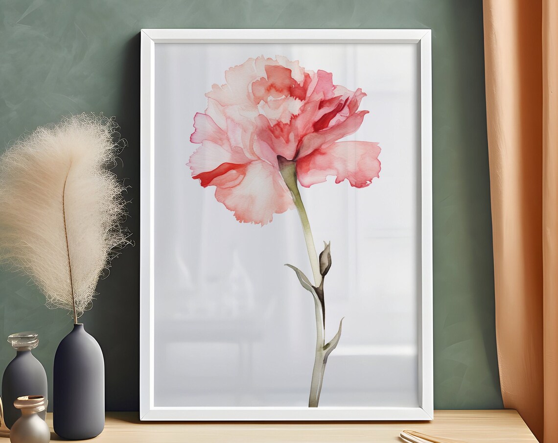 Pink Carnation Single Bloom Soft Watercolor Delicate Flower Art Poster